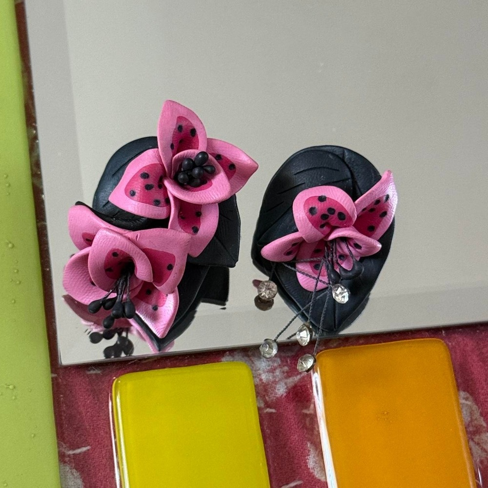 Pink & Black Statement Flower Earrings Whimsy Goth Y2K Handmade Style
